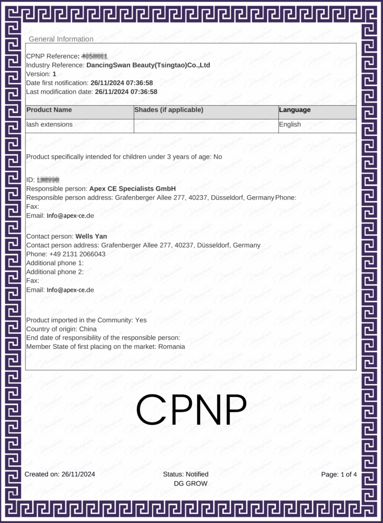 CPNP Certification for eyelash extensions