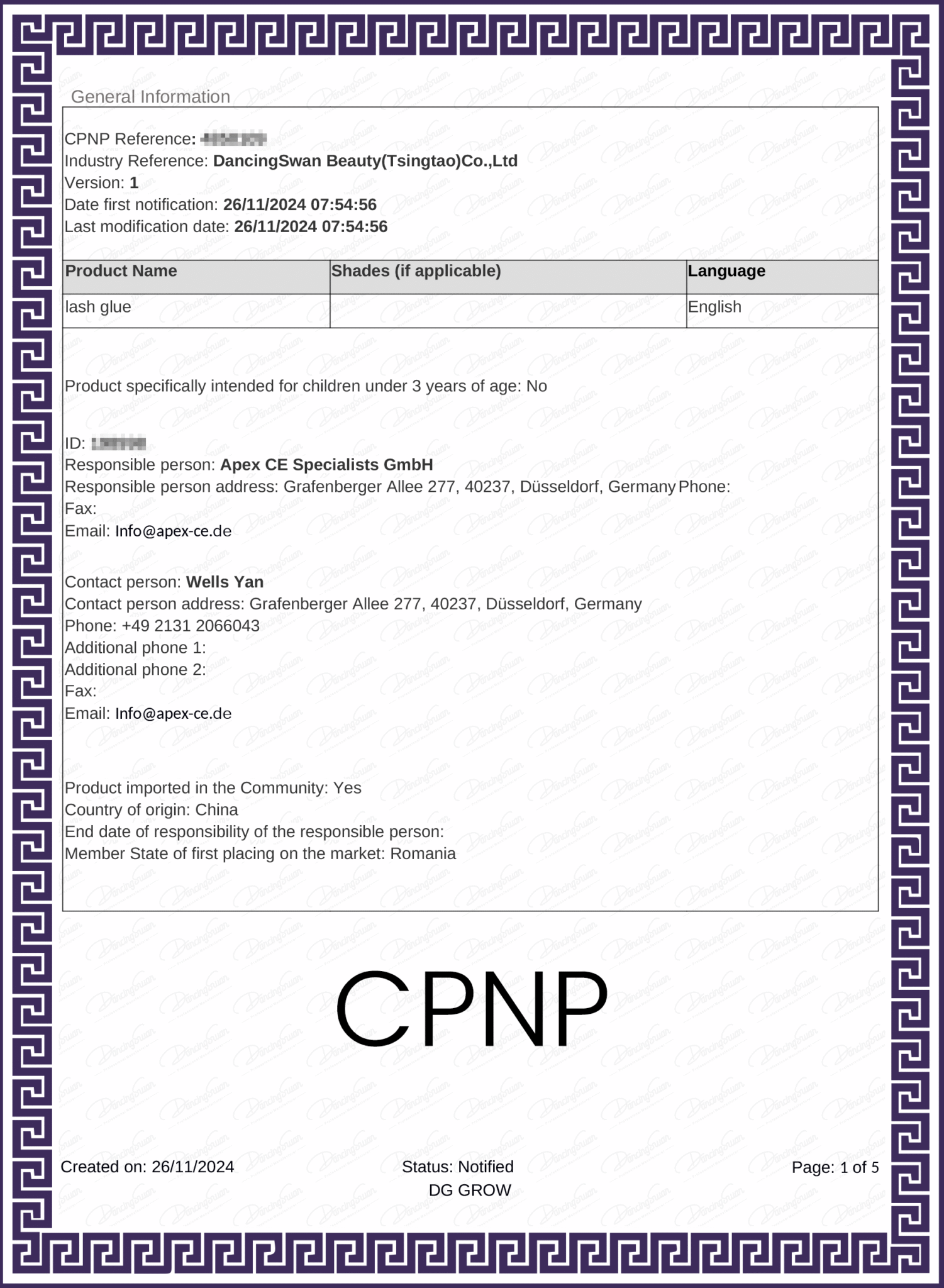 CPNP cosmetic notification certificate for eyelash products