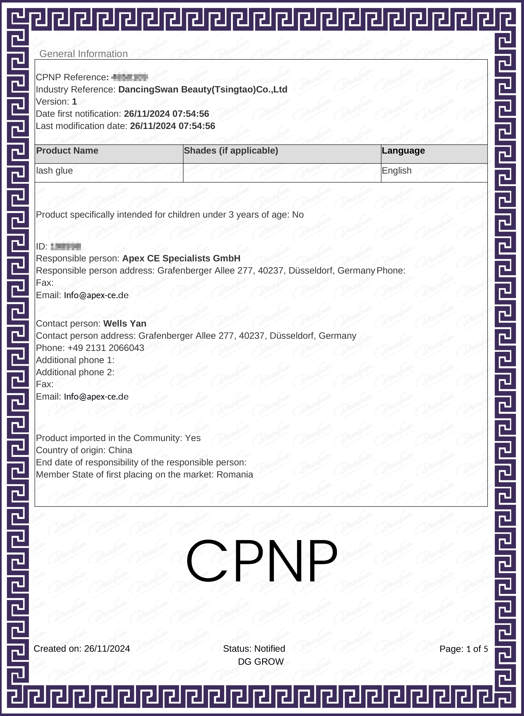 CPNP cosmetic notification certificate for eyelash products