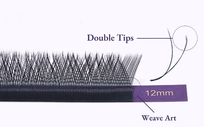 YY eyelash showing weave art at the base and double tip at the end for fuller natural volume