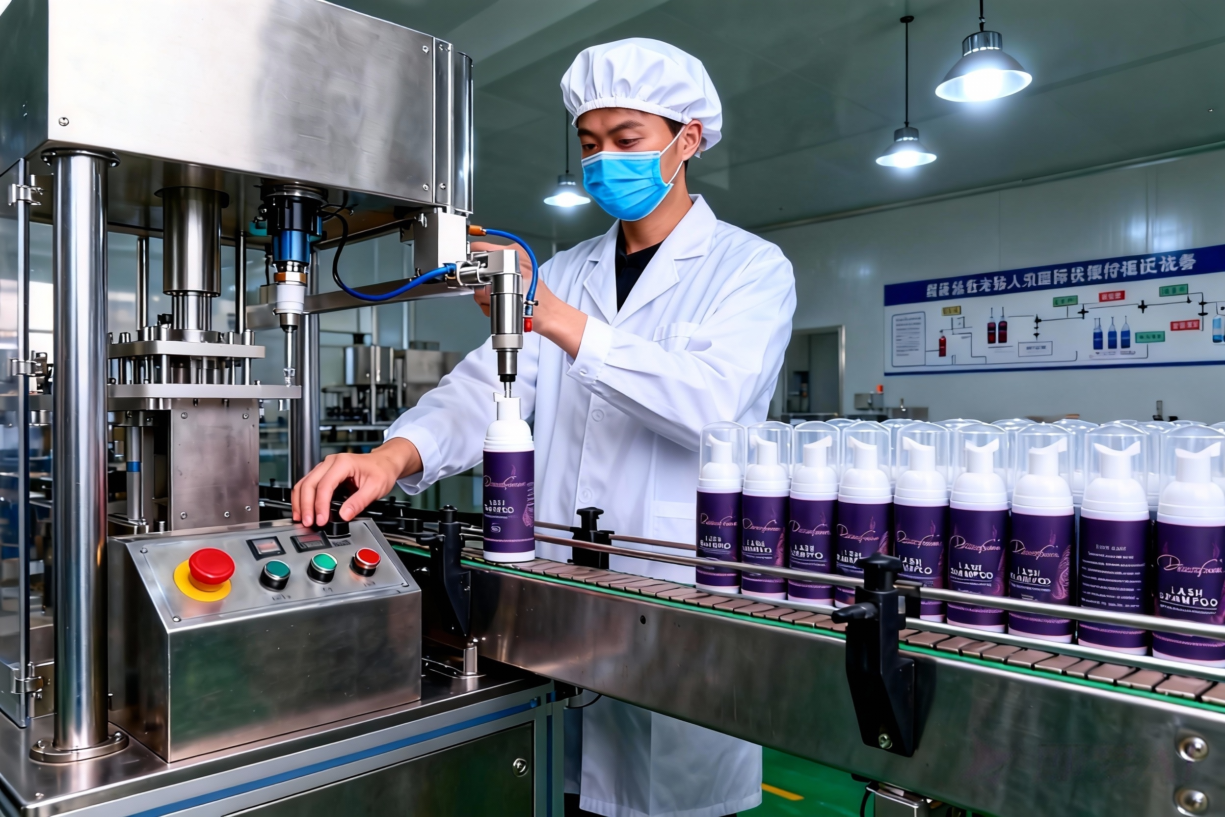 lash shampoo filling process in factory